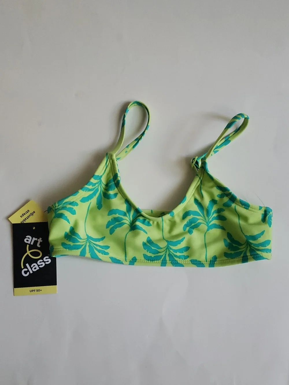 Neon Yellow & Teal Palm Print Crop Swim Top